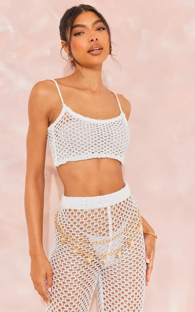 Best PrettyLittleThing Tall Sequin Strappy Fishnet Crop Top White