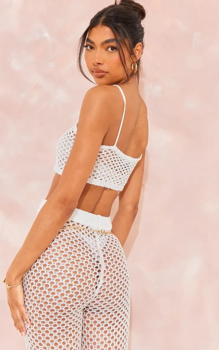 Best PrettyLittleThing Tall Sequin Strappy Fishnet Crop Top White
