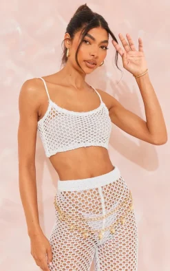 Best PrettyLittleThing Tall Sequin Strappy Fishnet Crop Top White