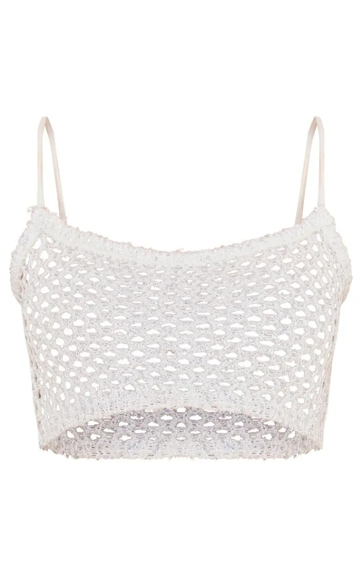 Best PrettyLittleThing Tall Sequin Strappy Fishnet Crop Top White