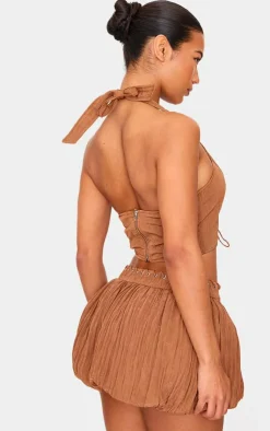 Discount PrettyLittleThing Tan Crinkle Eyelet Detail Halterneck Top Tan.