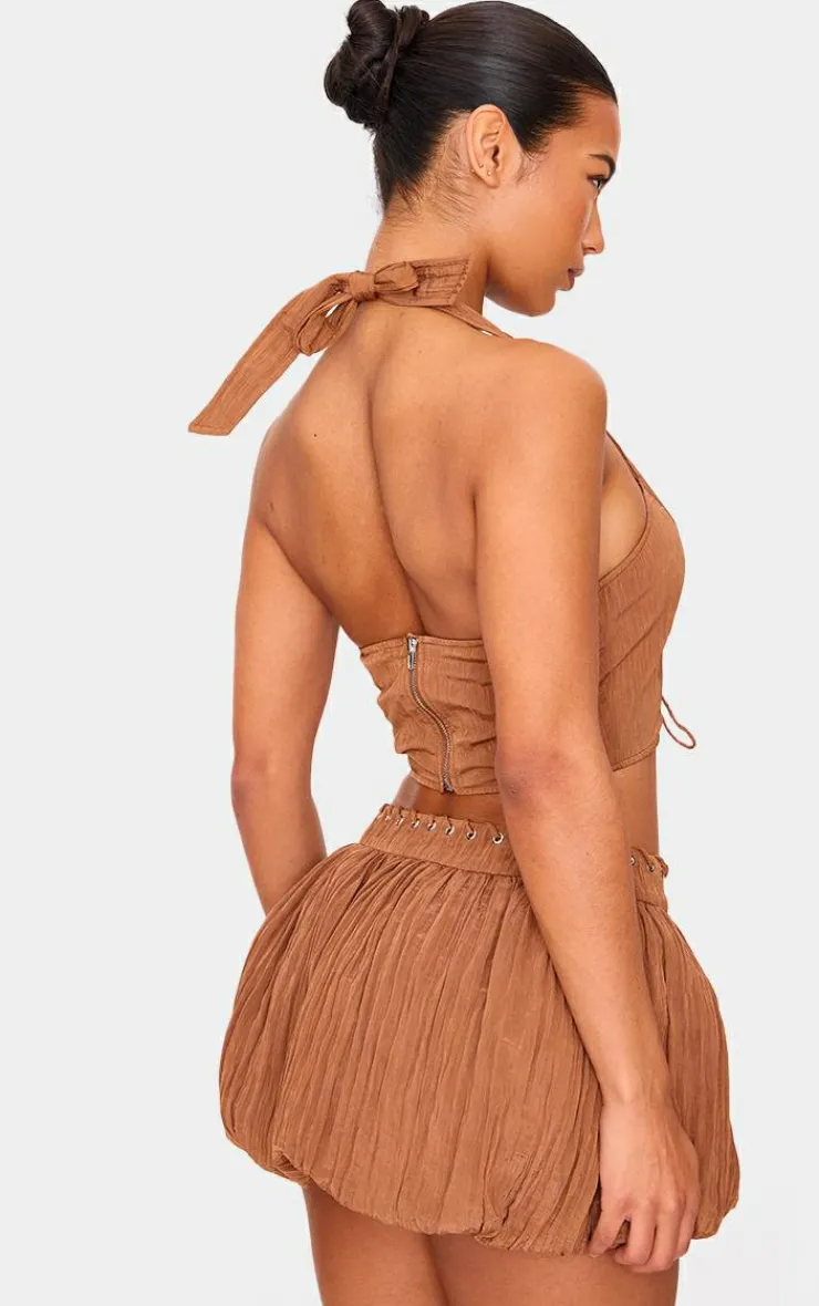 Discount PrettyLittleThing Tan Crinkle Eyelet Detail Halterneck Top Tan.