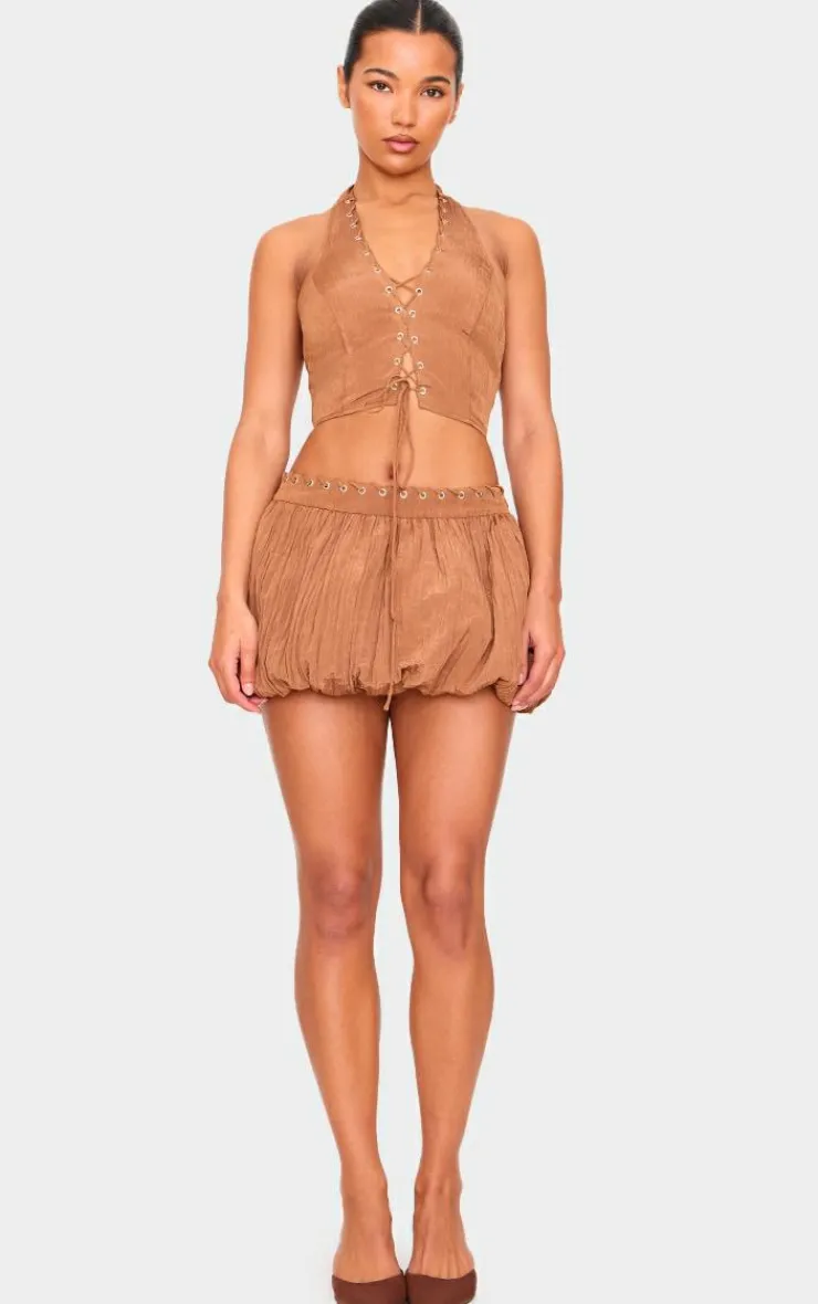 Discount PrettyLittleThing Tan Crinkle Eyelet Detail Halterneck Top Tan.