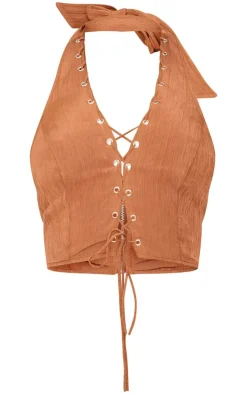 Discount PrettyLittleThing Tan Crinkle Eyelet Detail Halterneck Top Tan.