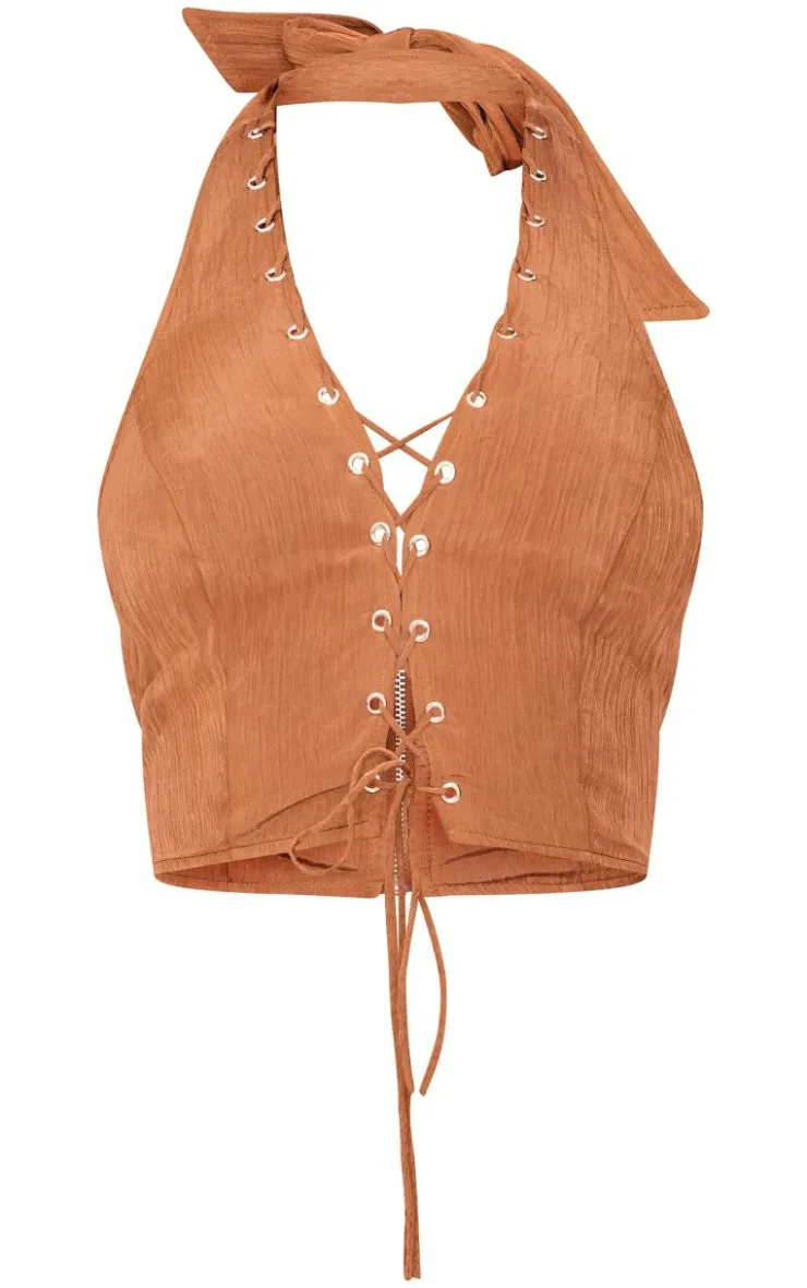 Discount PrettyLittleThing Tan Crinkle Eyelet Detail Halterneck Top Tan.