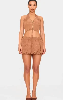 Sale PrettyLittleThing Tan Crinkle Eyelet Detail Puff Ball Skirt Tan.