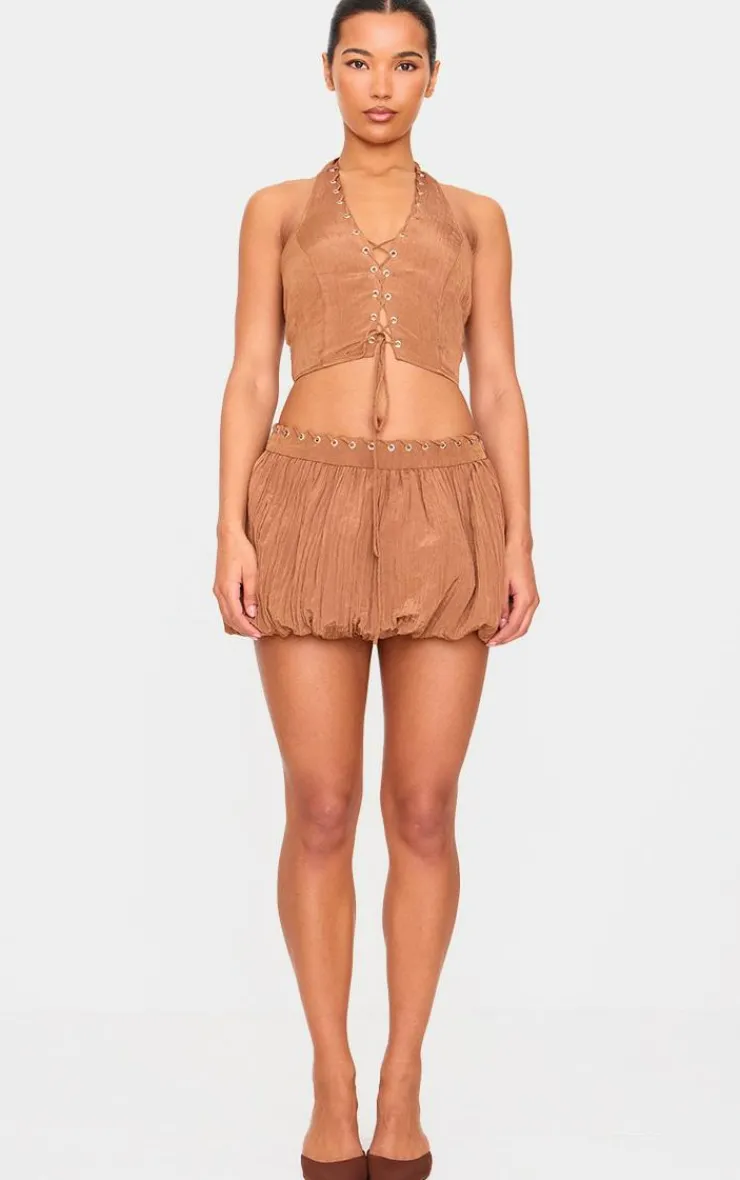 Sale PrettyLittleThing Tan Crinkle Eyelet Detail Puff Ball Skirt Tan.