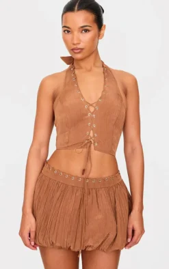 Sale PrettyLittleThing Tan Crinkle Eyelet Detail Puff Ball Skirt Tan.