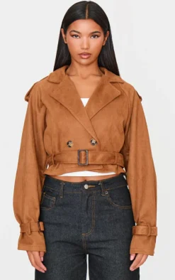 PrettyLittleThing Trench Coats*Cropped Faux Suede Belted Trench Coat