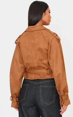 PrettyLittleThing Trench Coats*Cropped Faux Suede Belted Trench Coat