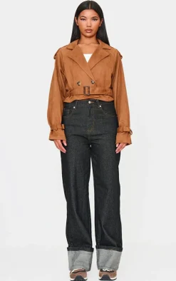 PrettyLittleThing Trench Coats*Cropped Faux Suede Belted Trench Coat