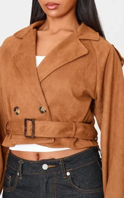PrettyLittleThing Trench Coats*Cropped Faux Suede Belted Trench Coat