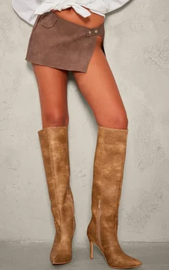 PrettyLittleThing High Heels*Tan Distressed Pu Point Toe Knee High Heeled Boots
