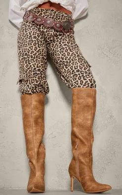 PrettyLittleThing High Heels*Tan Distressed Pu Point Toe Knee High Heeled Boots