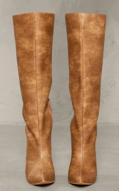 PrettyLittleThing High Heels*Tan Distressed Pu Point Toe Knee High Heeled Boots