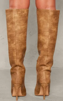 PrettyLittleThing High Heels*Tan Distressed Pu Point Toe Knee High Heeled Boots