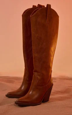 PrettyLittleThing Knee High Boots*Distressed PU Point Toe Knee High Block Heel Western Boots