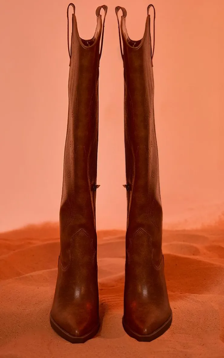 PrettyLittleThing Knee High Boots*Distressed PU Point Toe Knee High Block Heel Western Boots