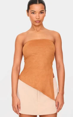 PrettyLittleThing Sleeveless Tops*Faux Suede Asymmetric Hem Bandeau Top