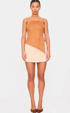 PrettyLittleThing Sleeveless Tops*Faux Suede Asymmetric Hem Bandeau Top