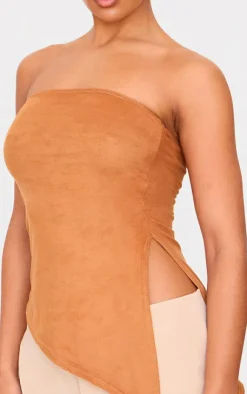PrettyLittleThing Sleeveless Tops*Faux Suede Asymmetric Hem Bandeau Top