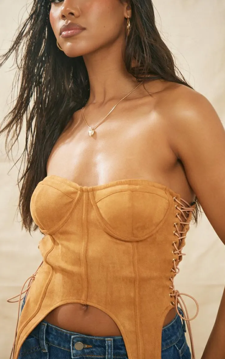PrettyLittleThing Corsets*Faux Suede Binded Eyelet Lace Up Side Suspender Detail Corset