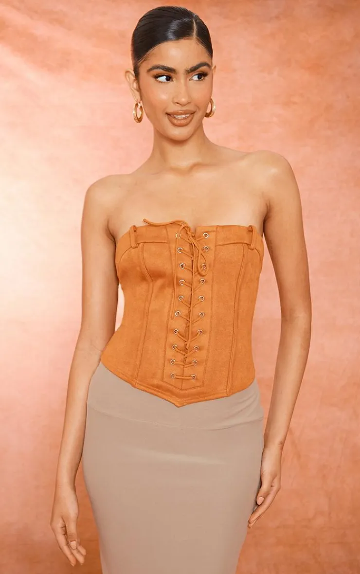PrettyLittleThing Corsets*Faux Suede Eyelet Lace Up Bandeau Corset