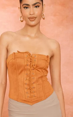 PrettyLittleThing Corsets*Faux Suede Eyelet Lace Up Bandeau Corset