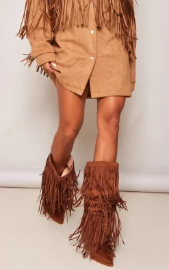PrettyLittleThing Block Heels*Faux Suede Fringe Western Block Heel Knee Boots