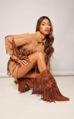 PrettyLittleThing Block Heels*Faux Suede Fringe Western Block Heel Knee Boots