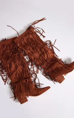 PrettyLittleThing Block Heels*Faux Suede Fringe Western Block Heel Knee Boots