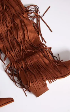 PrettyLittleThing Block Heels*Faux Suede Fringe Western Block Heel Knee Boots
