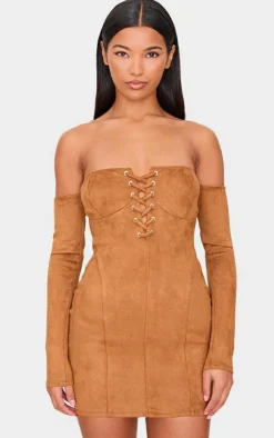 Faux Suede Lace Up Detail Bardot Bodycon Dress-PrettyLittleThing Best