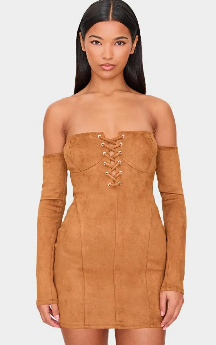 Faux Suede Lace Up Detail Bardot Bodycon Dress-PrettyLittleThing Best