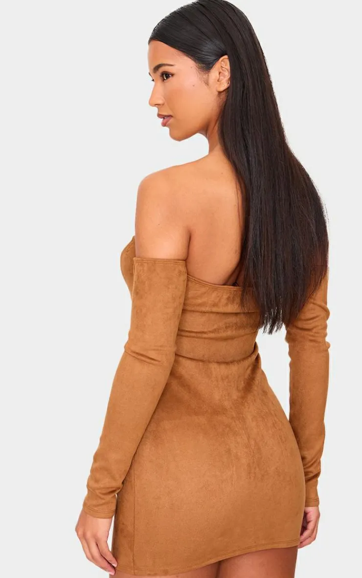 Faux Suede Lace Up Detail Bardot Bodycon Dress-PrettyLittleThing Best
