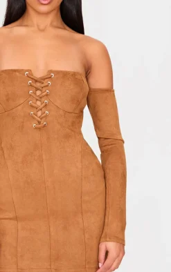 Faux Suede Lace Up Detail Bardot Bodycon Dress-PrettyLittleThing Best