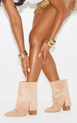 PrettyLittleThing Heeled Boots*Faux Suede Point Toe Studded Fold Over Block Heel Ankle Boots