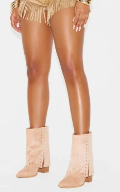 PrettyLittleThing Heeled Boots*Faux Suede Point Toe Studded Fold Over Block Heel Ankle Boots