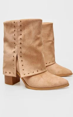 PrettyLittleThing Heeled Boots*Faux Suede Point Toe Studded Fold Over Block Heel Ankle Boots