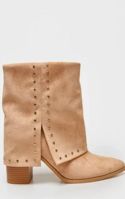 PrettyLittleThing Heeled Boots*Faux Suede Point Toe Studded Fold Over Block Heel Ankle Boots