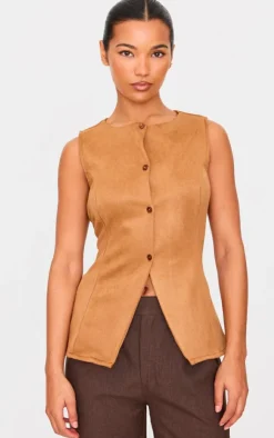 PrettyLittleThing Sleeveless Tops*Longline Faux Suede Vest