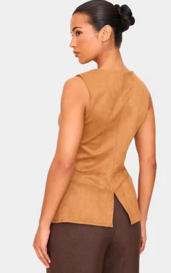 PrettyLittleThing Sleeveless Tops*Longline Faux Suede Vest