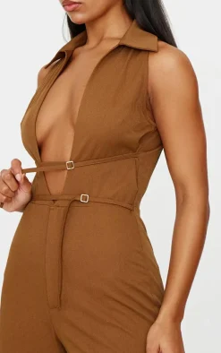 Tan Mini Belt Detail Plunge Straight Leg Jumpsuit