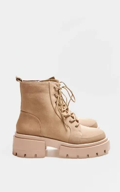 PrettyLittleThing Biker Boots*PU Round Toe Lace Up Chunky Ankle Boots