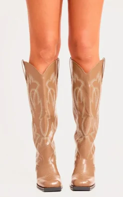 PrettyLittleThing Block Heels*PU Square Toe Stitch Detail Knee High Block Heel Western Boots