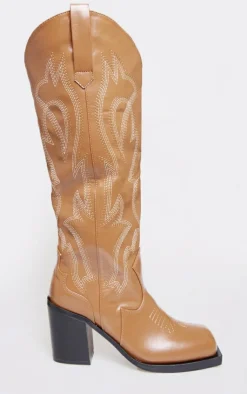 PrettyLittleThing Block Heels*PU Square Toe Stitch Detail Knee High Block Heel Western Boots