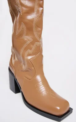 PrettyLittleThing Block Heels*PU Square Toe Stitch Detail Knee High Block Heel Western Boots