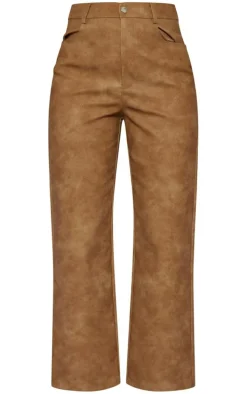Tan Washed Faux Leather Straight Leg Pants