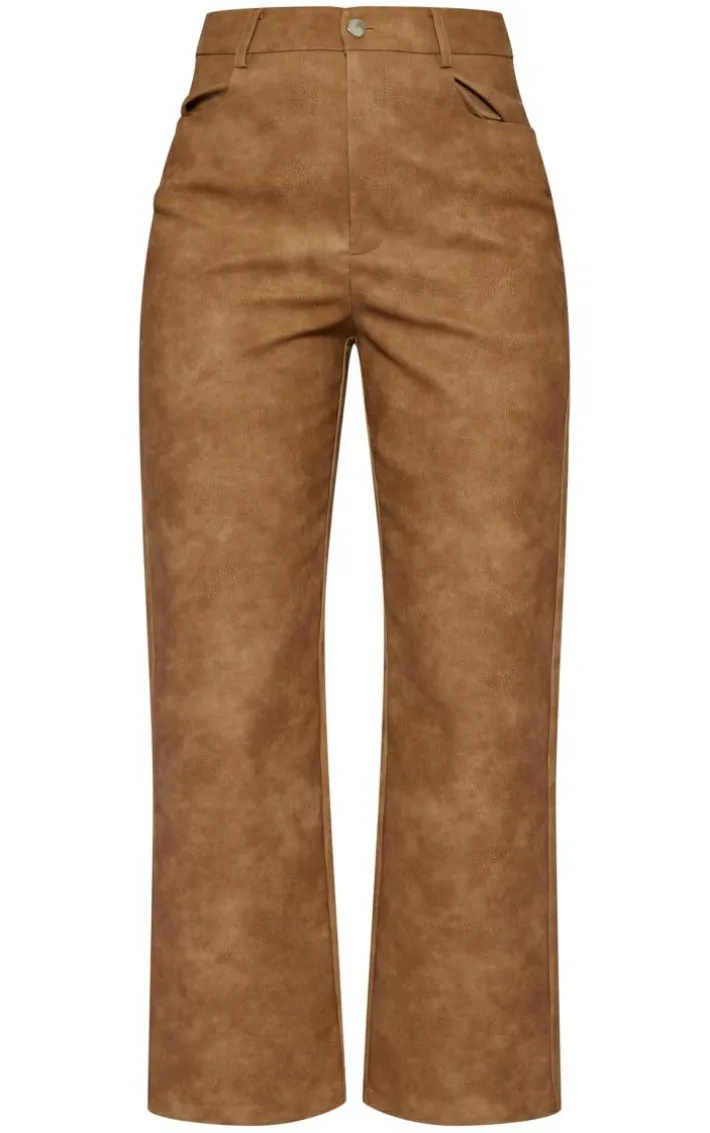 Tan Washed Faux Leather Straight Leg Pants