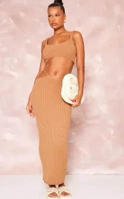 Clearance PrettyLittleThing Wide Rib Knitted Maxi Skirt Tan